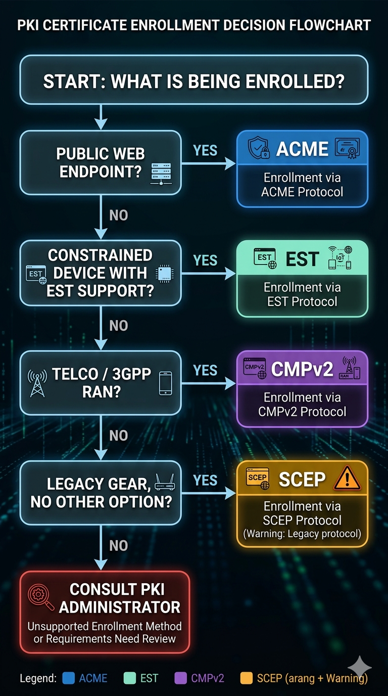 Decision flowchart for selecting an enrollment protocol based on device class, connectivity, and ecosystem, with outcomes pointing at ACME, EST, SCEP (discouraged), and CMPv2.
