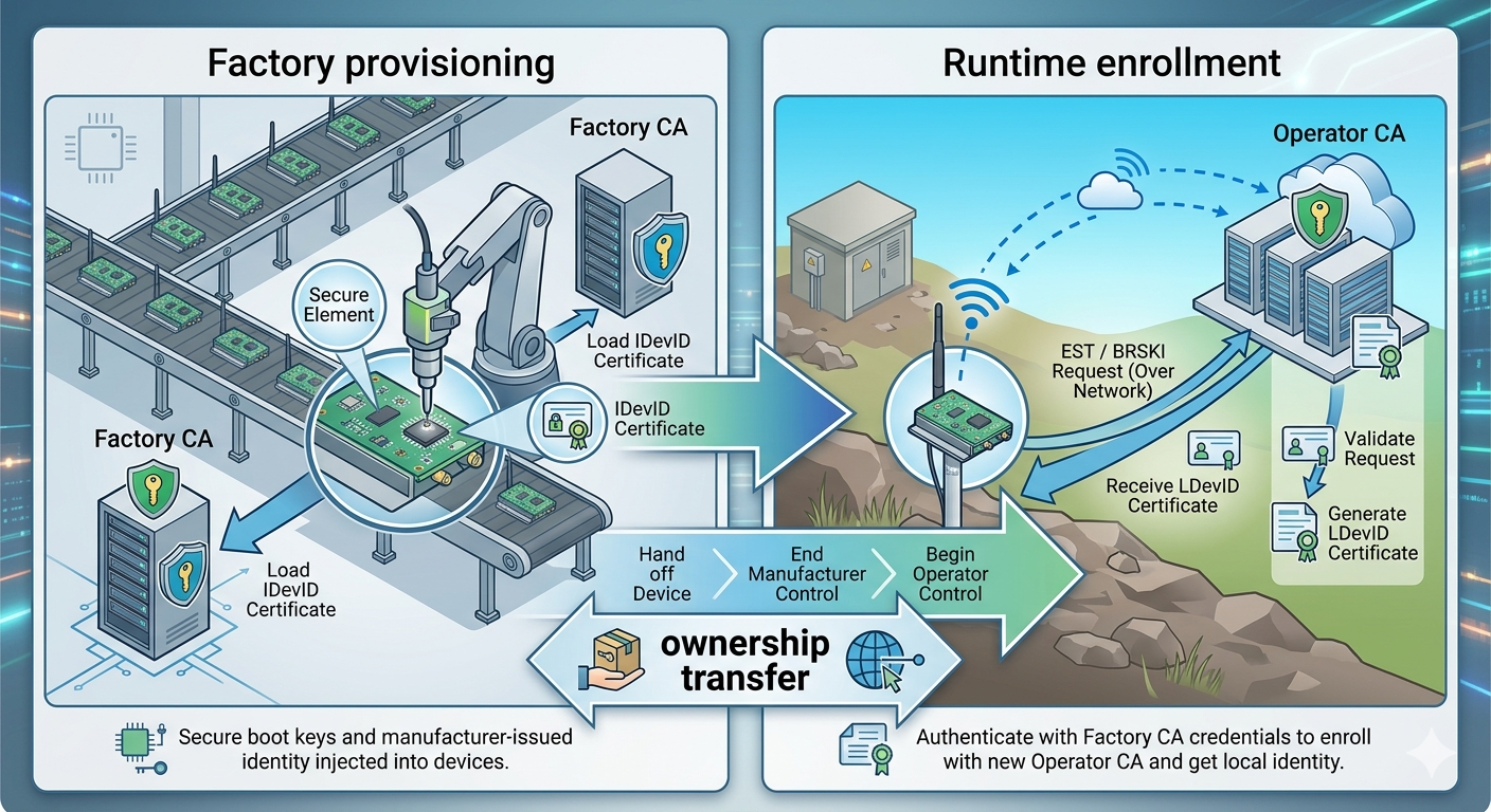 Side-by-side illustration of factory provisioning on a manufacturing line installing IDevID certificates into secure elements versus runtime enrollment where a deployed device uses EST or BRSKI to obtain an LDevID from the operator CA.