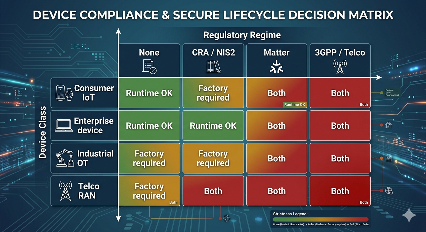 Decision matrix for factory provisioning versus runtime enrollment across regulatory regime, device class, manufacturing model, and operator trust — with cells indicating the recommended provisioning model.