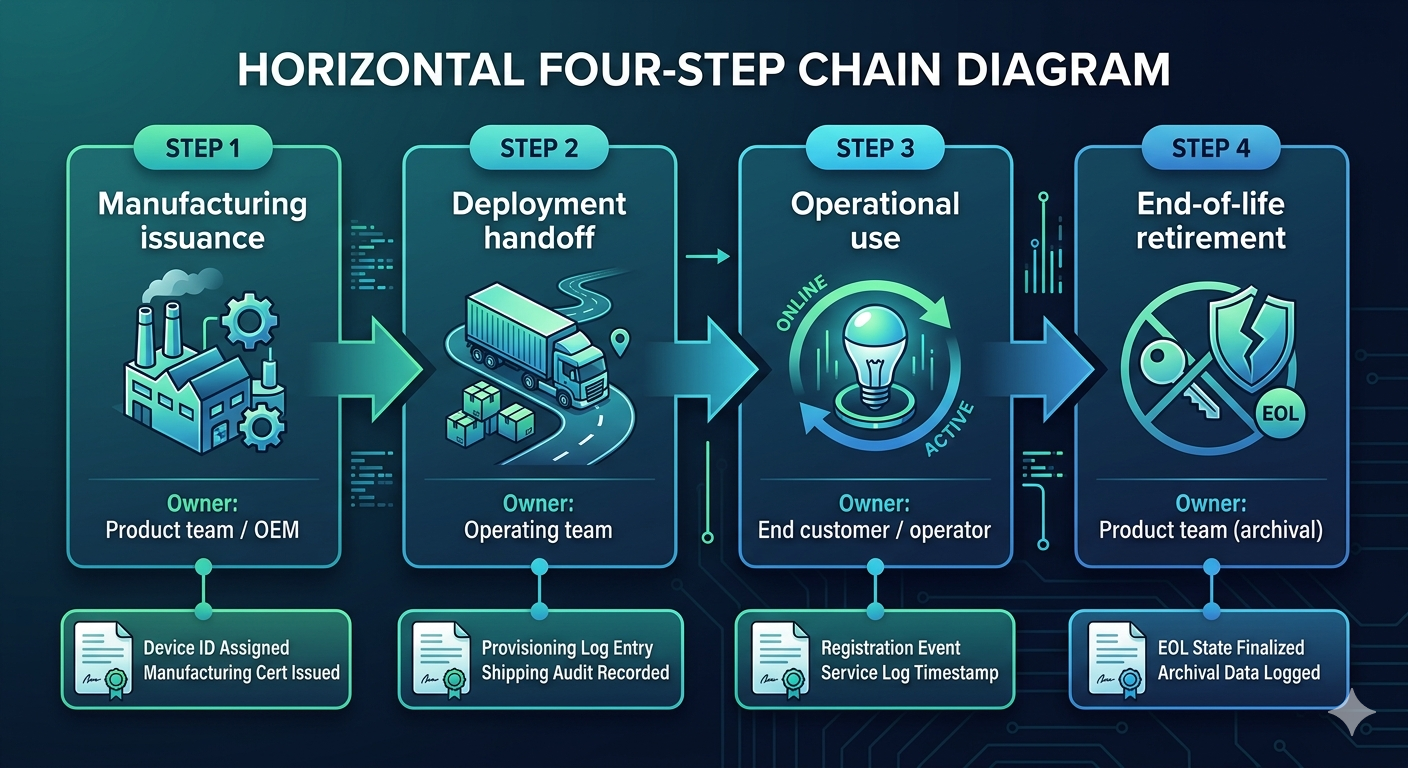 Ownership chain across four phases: manufacturing issuance (product team), deployment handoff (operating team), operational use (end customer), and end-of-life retirement — each phase annotated with the accountable party and audit event.