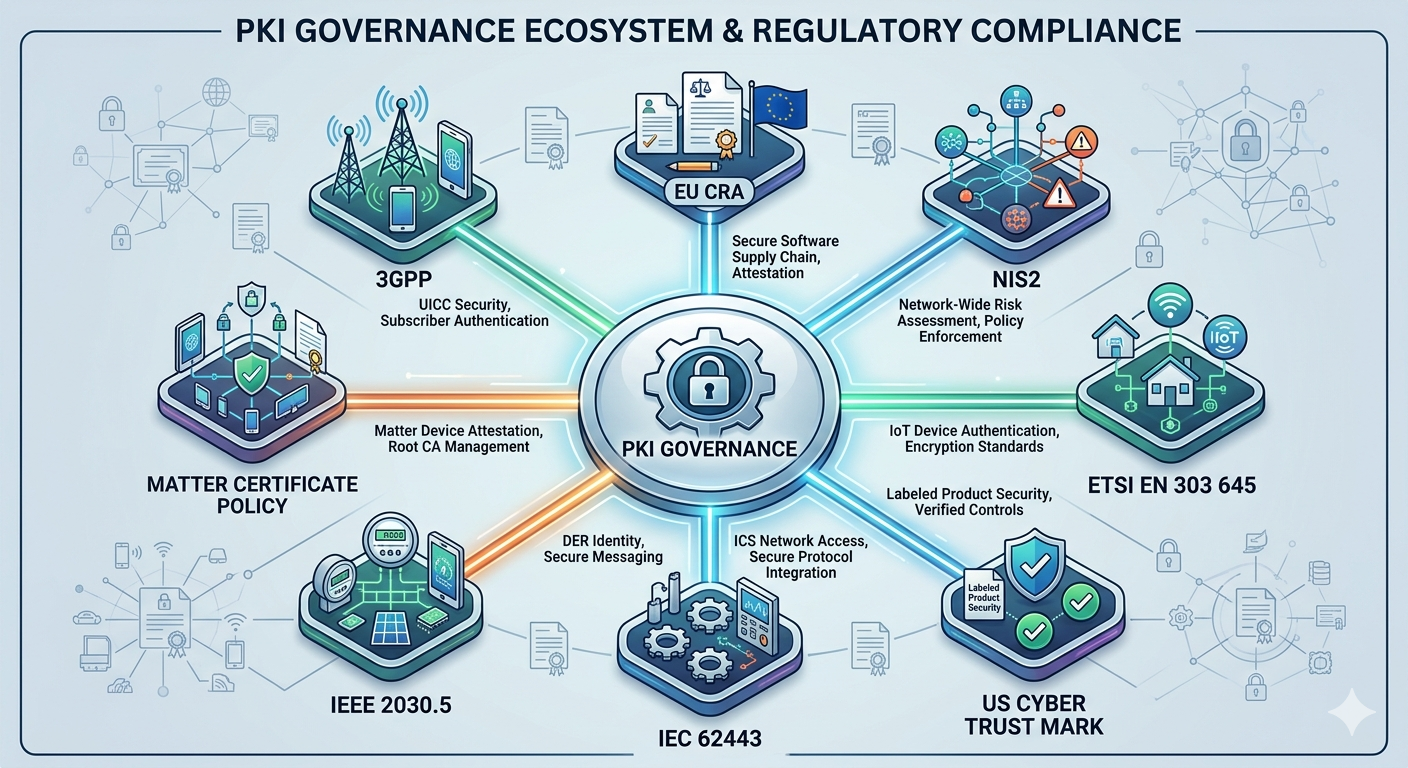 Expanded regulatory surface map showing frameworks that touch device PKI: EU CRA, NIS2, ETSI EN 303 645, US Cyber Trust Mark, IEC 62443, IEEE 2030.5, Matter Certificate Policy, and 3GPP — arrayed around a central PKI governance node.