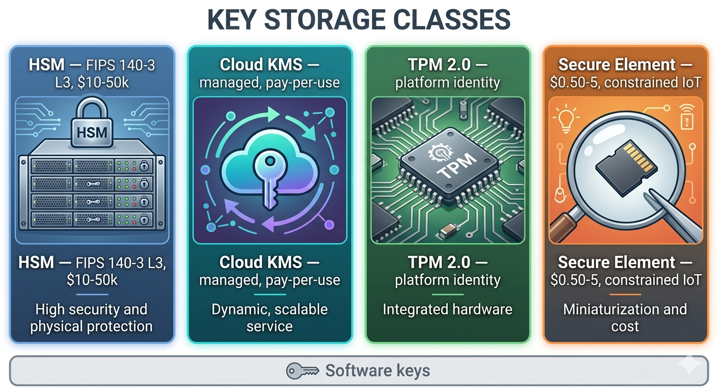 Four key storage classes compared: network HSM rack, cloud KMS service icon, discrete TPM chip on a motherboard, and a tiny secure element soldered on an IoT board — each annotated with assurance level and cost scale.