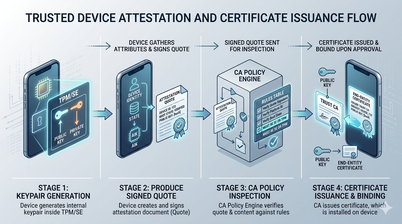 Attestation flow diagram: device with TPM or secure element presents a signed attestation quote to a CA's policy engine, which verifies storage class before issuing a certificate bound to the attested key.
