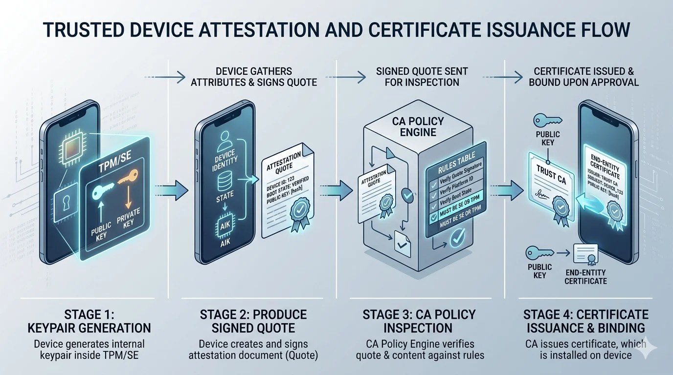 Attestation flow diagram: device with TPM or secure element presents a signed attestation quote to a CA's policy engine, which verifies storage class before issuing a certificate bound to the attested key.