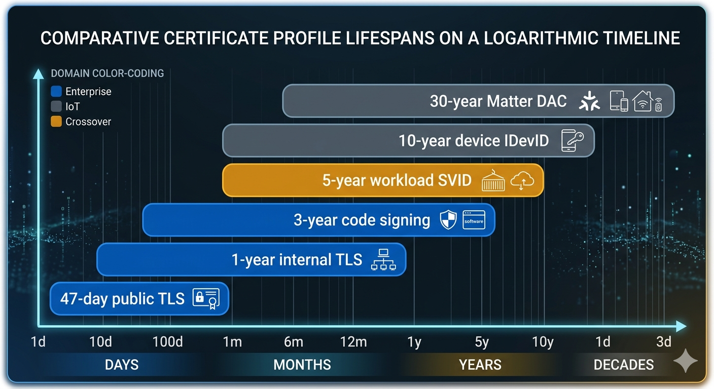 Logarithmic timeline showing certificate validity periods side by side: 47-day public TLS (SC-081v3), 1-year internal TLS, 3-year code signing, 10-year device IDevID, 30-year Matter DAC, with a single x-axis spanning days to decades.