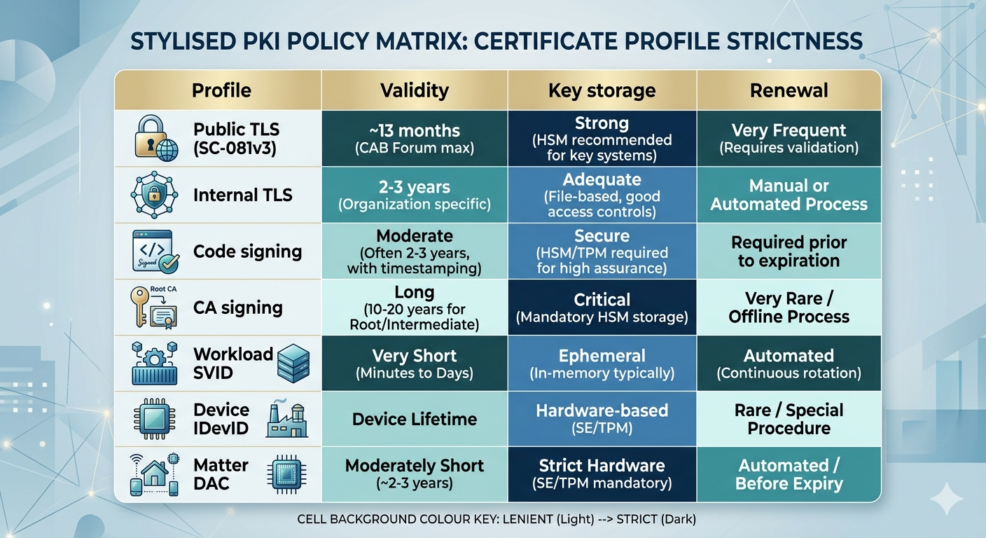 Profile policy table grid: rows are certificate profiles, columns are recommended validity, required key storage, and renewal mechanism — each cell colour-coded by constraint strictness.