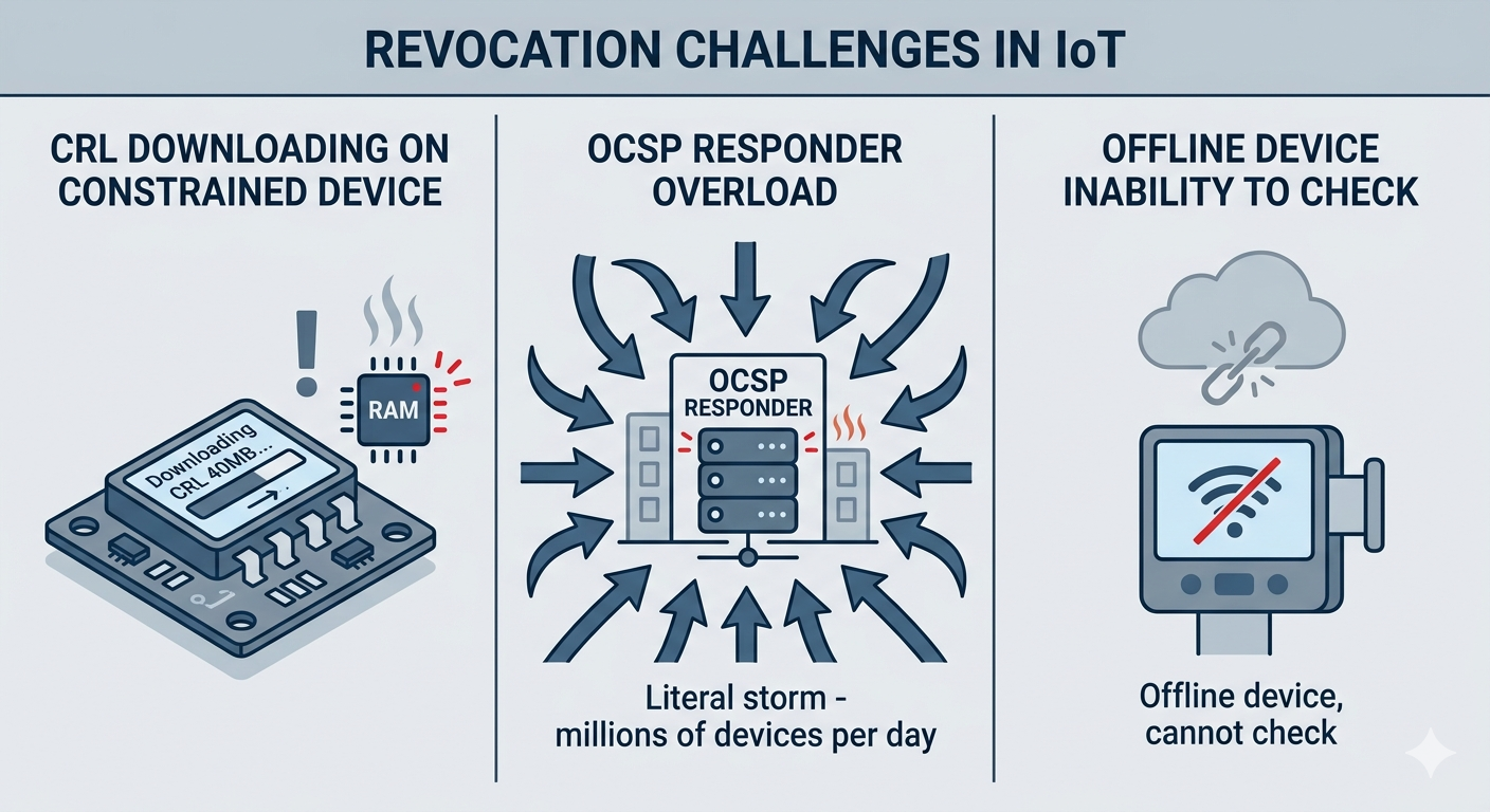 Diagram showing why CRL and OCSP fail at device scale: a large CRL file crushing a constrained device, an OCSP responder flooded with queries from millions of endpoints, and offline devices unable to reach either.