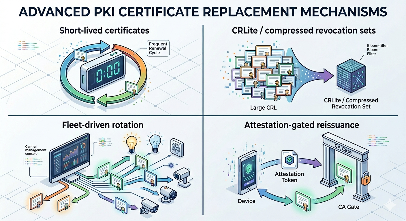 Replacement mechanisms for device-scale revocation: short-lived certificates with automated renewal, CRLite-style compressed revocation sets, signed revocation lists distributed via fleet management, and attestation-gated reissuance.