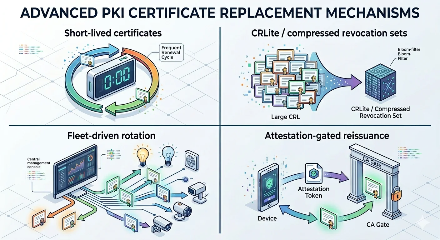 Replacement mechanisms for device-scale revocation: short-lived certificates with automated renewal, CRLite-style compressed revocation sets, signed revocation lists distributed via fleet management, and attestation-gated reissuance.