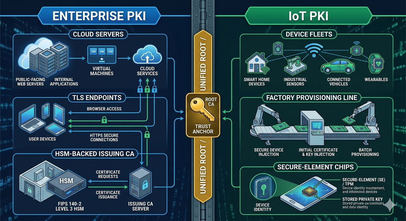 Split diagram contrasting enterprise PKI (cloud workloads, TLS endpoints, HSM-backed issuing CAs) with IoT PKI (device fleets, factory provisioning, secure elements) joined at a single shared trust anchor labelled 'unified root'.
