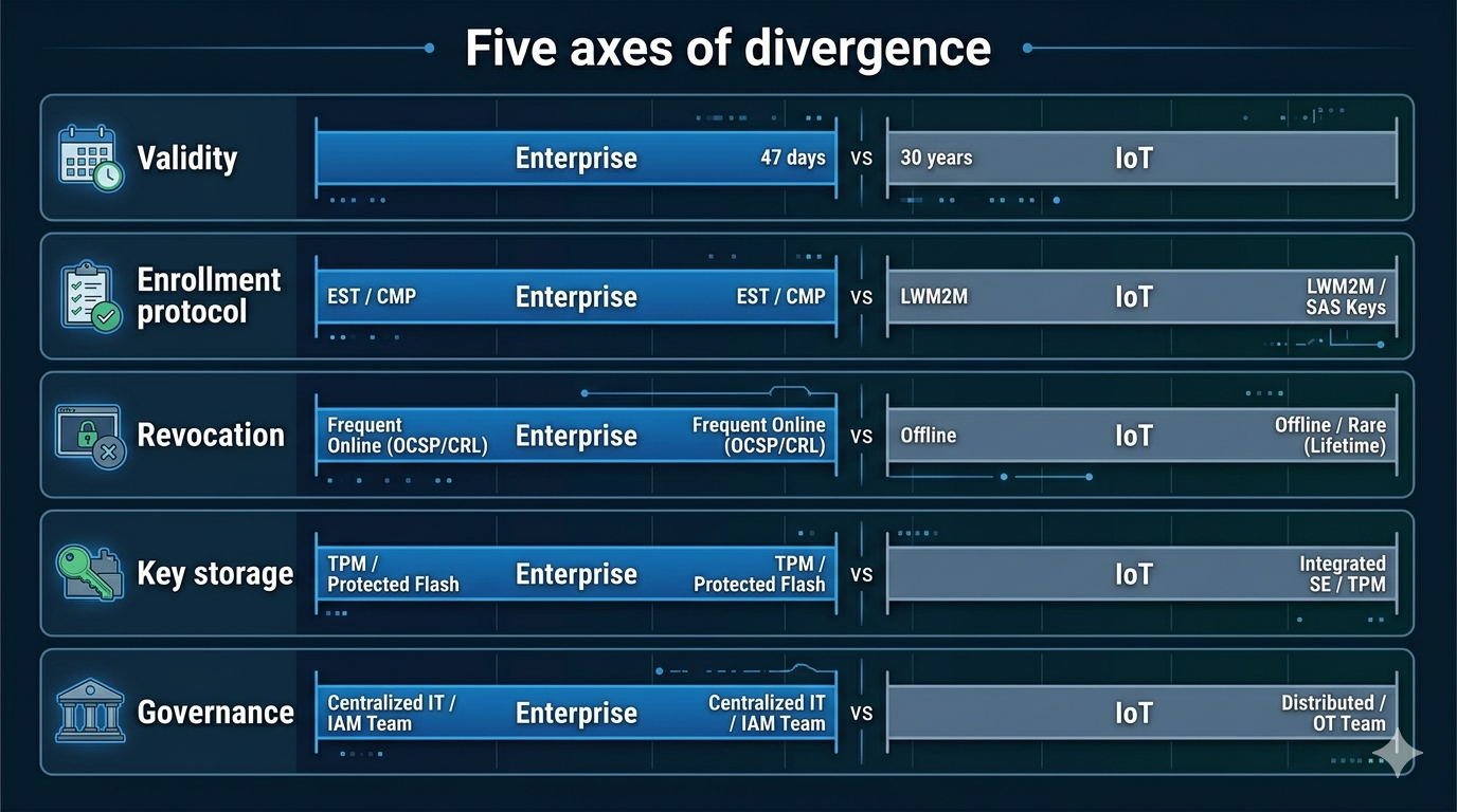 Five-axis comparison chart showing where enterprise PKI and IoT PKI diverge: certificate validity, enrollment protocol, revocation model, key storage, and governance ownership — each rendered as a pair of horizontal bars for enterprise versus IoT.