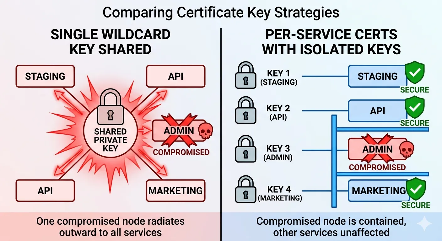 Wildcard blast radius vs. per-service certificate isolation